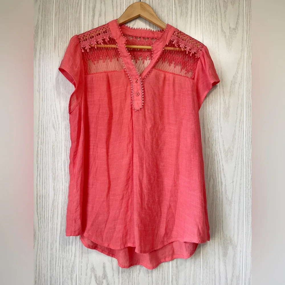 Perch by Blu Pepper Top XXL 2XL Coral Embroidered Cap Sleeve Boho Peasant Blouse